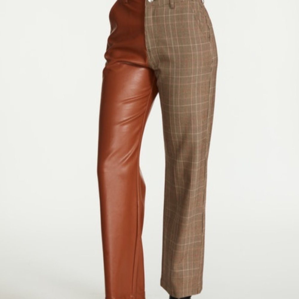 Steve Madden Two-Tone Brown Faux Leather and Plaid Trousers